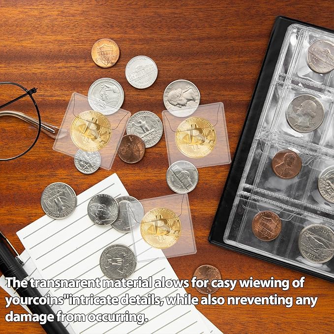 200Pcs Single Pocket Coin Flips Coin Sleeves Holders Clear PVC Coin Protectors Individual Plastic Coin Holders for Coin Currency Bills Collectors Protector (2.2 x 2.2 Inch) (Rectangular) ﻿