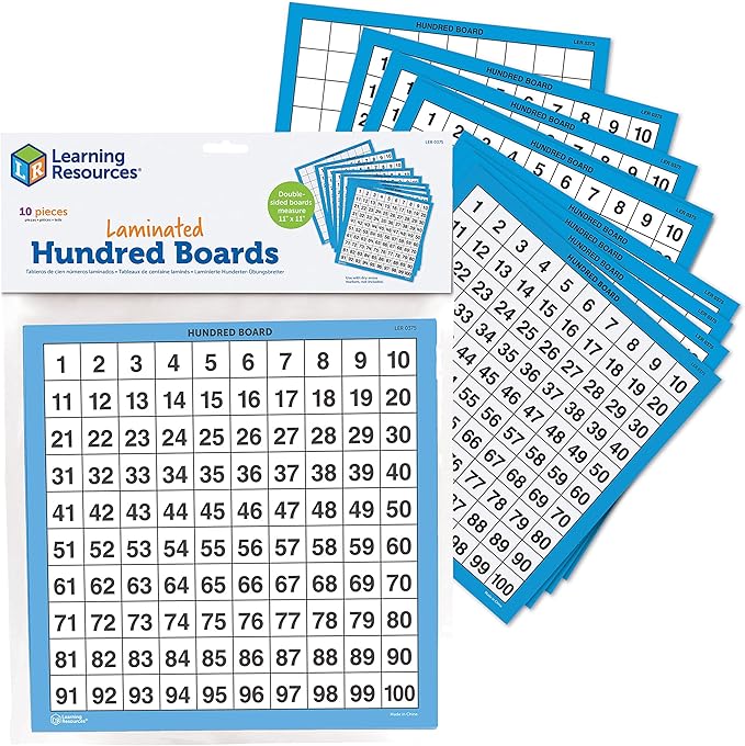 Learning Resources Laminated Hundred Boards - 10 Pieces Dry-Erase Counting Aid, Teaching Supplies, Math Boards for Kids