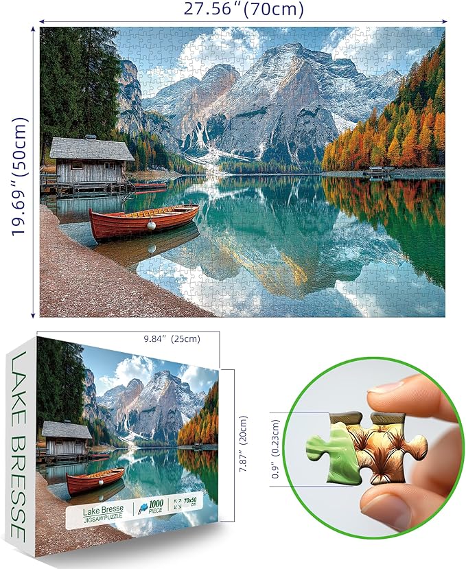 Braies Lake Jigsaw Puzzles 1000 Pieces Nature Landscape Puzzles for Adults 1000 Pieces with Letters on Back Hard Impossible Difficult Challenging Family Puzzle Mountain Lake Scenery Puzzles