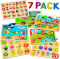 7 Pack Wooden Puzzles for Toddlers 2 3 4 5 Years Old - 7 Colorful Chunky Wood Peg Puzzles for Kids Ages 2-5, Alphabet Shape Numbers Fruits Sea Animals Dinosaur Zoo - Educational Toddler Learning Toys