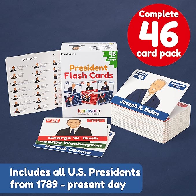 US Presidents for Kids Flash Cards –46 President Cards –Learn Presidents of The USA –Includes US Presidents Party & Vice President Facts -Gift - Ages 5,6,7,8,9,10