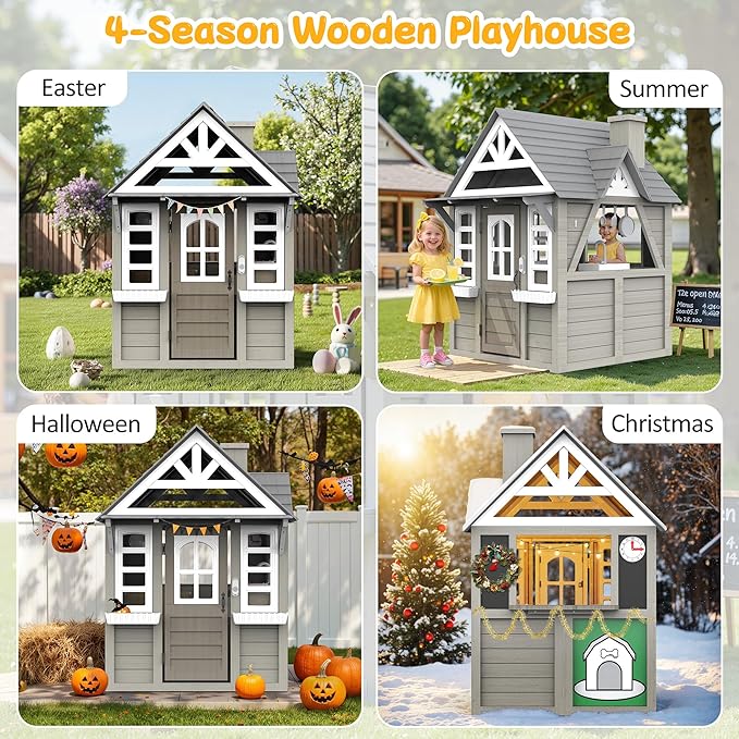 Kids Playhouse Outdoor,Wooden Play House Playset for Kids, Large, Sturdy, Realistic Design with Kitchen, Doorbell, Flower Pot, Stove, Sink & Clock, Perfect for Kid Ages 3-8 (Gray)