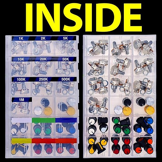 EEEEE 84pcs WH148 Potentiometer Kit 1K 2K 5K 10K 20K 50K 100K 250K 500K 1M K Ohm 15mm Shaft Single-Joint Linear Potentiometers 3Pins Set Variable Resistors with Knob Plum Cap Aluminum Alloy Knobs
