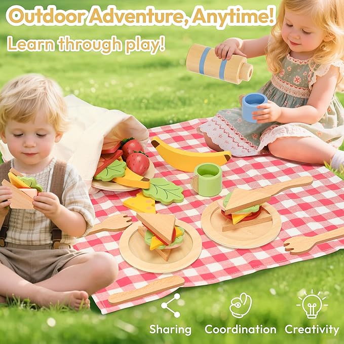 Wooden Picnic Play Set for Kids, 30-Piece Pretend Play Food Toy with Thermos, Sandwiches, Fruits, Utensils, Canvas Carry Bag & Blanket, Pretend Play Kitchen Accessories for Toddlers Age 3+