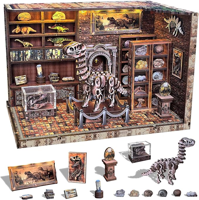 Book Nook Kit, DIY Miniature Dollhouse Booknook Kit for Adults and Teens, 3D Wooden Puzzle Bookshelf Crafts Kits with LED Light for Family and Friends (Dinosaur Research Institute)