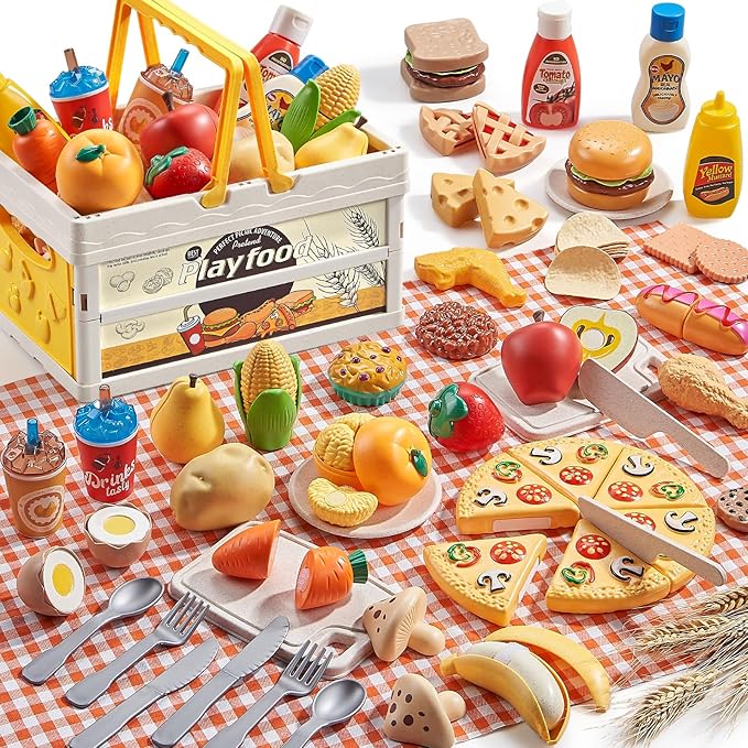 Play Food Sets for Kids Kitchen, Wheat Straw Pretend Food Toys with Kids Picnic Basket and Picnic Blanket, Cutting Toy Food, Fake Food with Pizza Toy, Play Kitchen Accessories, STEM Gift for Boy Girl