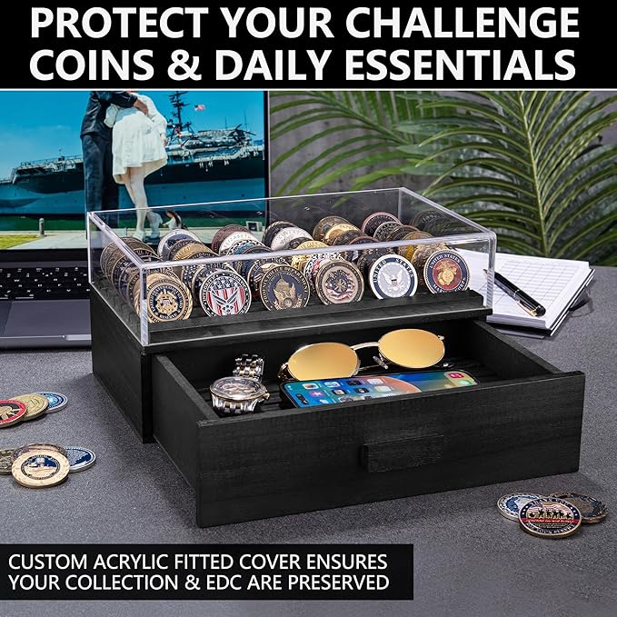 Large Black Wooden Challenge Coin Display Case with Clear Cover - Military Coin Display Case Holds 36 Coins on Top & 36 in The Storage Drawer - Versatile Coin Stand Holder & Poker Chip Display Case
