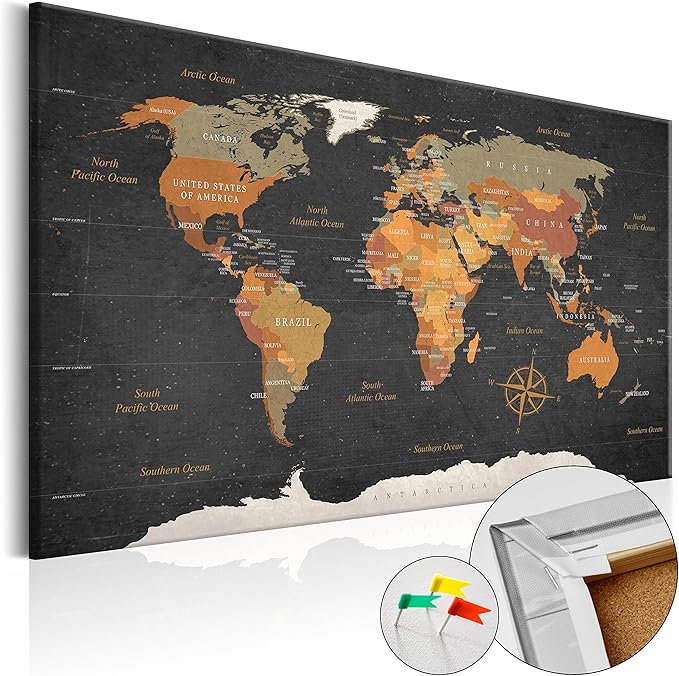 artgeist Pinboard World Map 35x24 in - Cork Board & Canvas Print Wall Art 1 pcs Memoboard with 50 Pins Noticeboard Message Board Image Picture Home Decor Travel Map k-C-0048-p-c