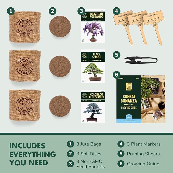 Garden Republic Bonsai Tree Kit - Grow 3 Mini Bonsai Trees, Indoor Plant Growing - Starter Kit with Seeds, Soil, Planters & Shears, Gardening Gifts for Women, Fathers Day Gardening Gifts