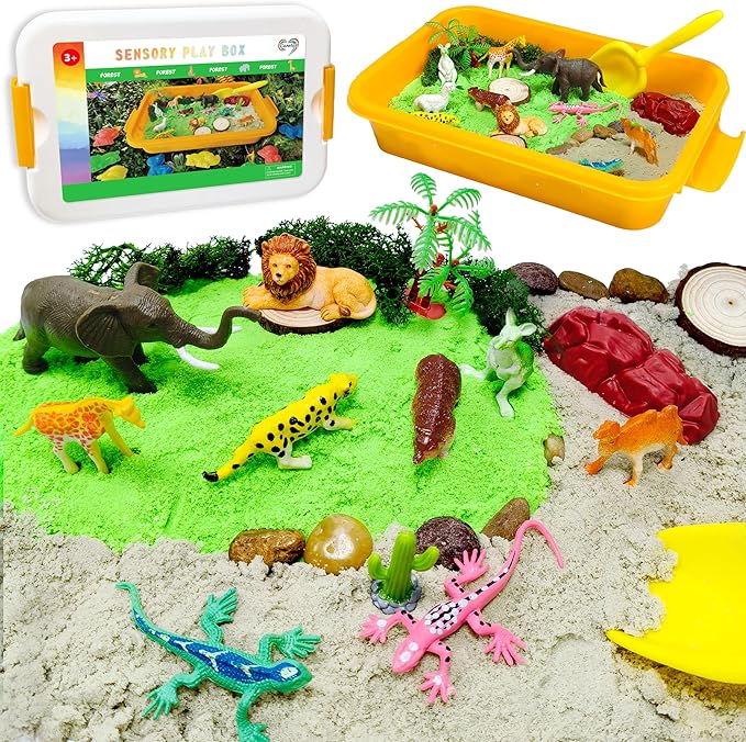 Jungle Sensory bin,Safari Animal Figures Playset Toys,Wild Forest Sandbox,Desert Animals Play Sand Set with Sensory Sand,Zoo Animal Figurines,Jungle Adventure Play Kit for Kids 3 4 5 6 7