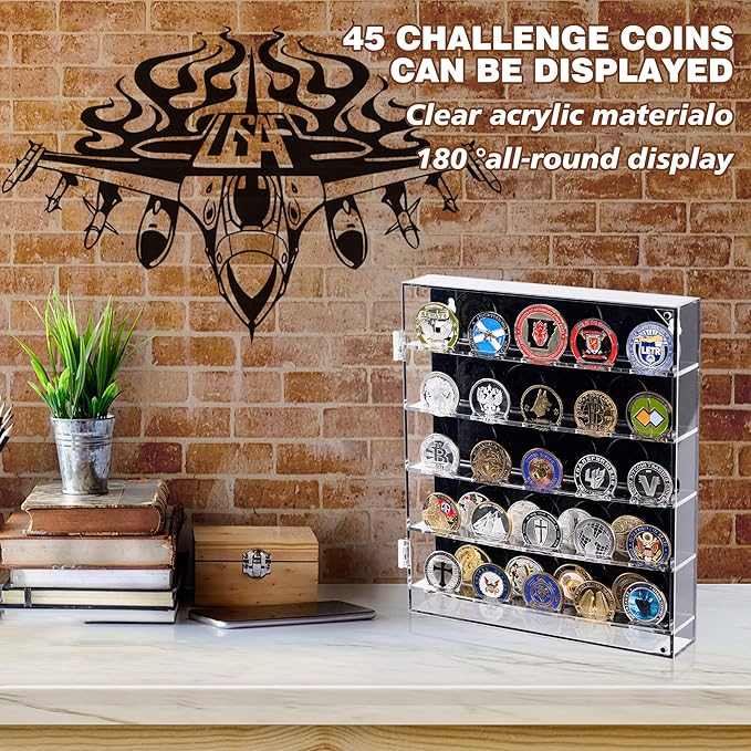 Coin Holder, Challenge Coin Display, Acrylic Military Coin Display Case with Removable Shelves and Magnetic Door, Fits 45 Military Medals Poker Chip Pins Badges, for Casino Poker Chips Collectibles