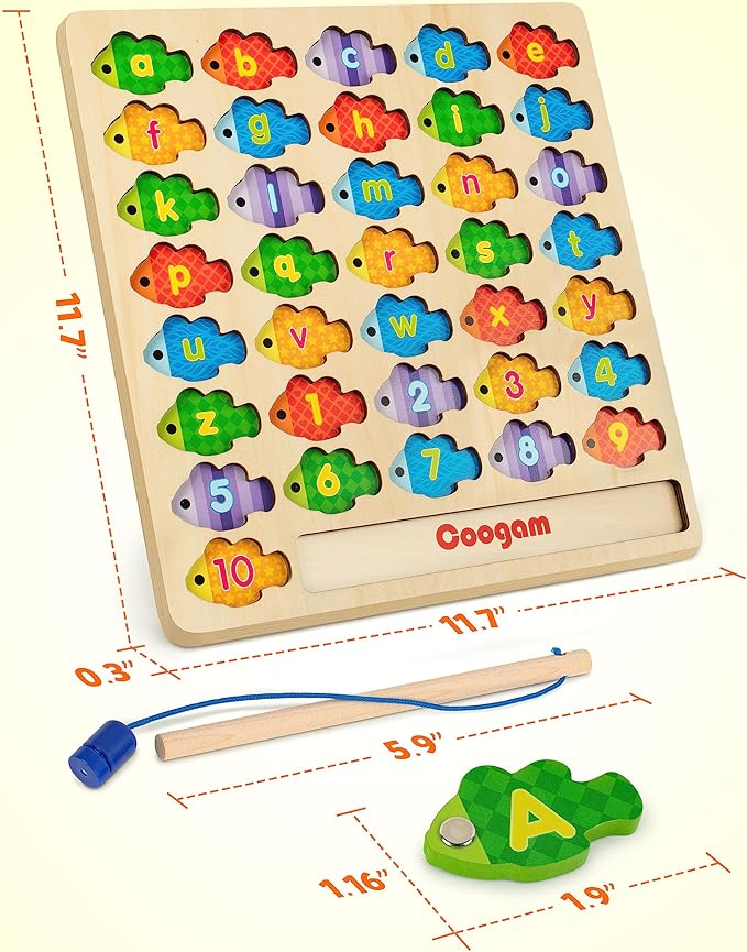 Coogam Magnetic Alphabet Numbers Fishing Game, Wooden ABC Letter Numbers Color Matching Puzzle Fine Motor Montessori Educational Toy for Preschool 3 4 5 Year Old Toddlers