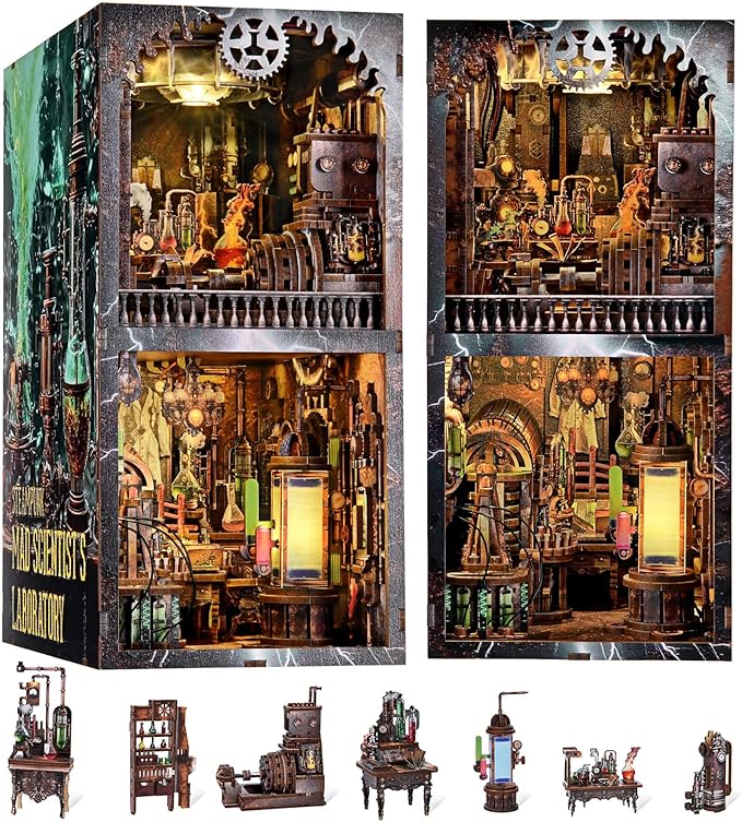 Book Nook Kit, DIY Miniature Dollhouse Booknook Kit, 3D Wooden Puzzle Bookend Bookshelf Insert Decor with LED Light for Teens and Adults (Steampunk Mad Scientist Laboratory)