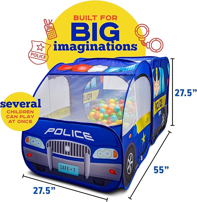 Police Car Pop Up Play Tent with Sound Button for Kids, Toddlers, Boys, Girls, Indoors & Outdoors – Playhouse for Interactive Fun - Foldable, Quick Setup Pretend Play Toys & Gift