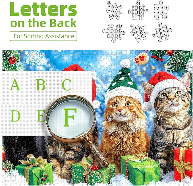 500 Piece Christmas Cats Jigsaw Puzzle for Adults Festive Animal Winter Scene Holiday Puzzle with Letters on Back Vintage Fun Santa Hats Kitten Family Challenging Puzzles Game for Seniors Adults