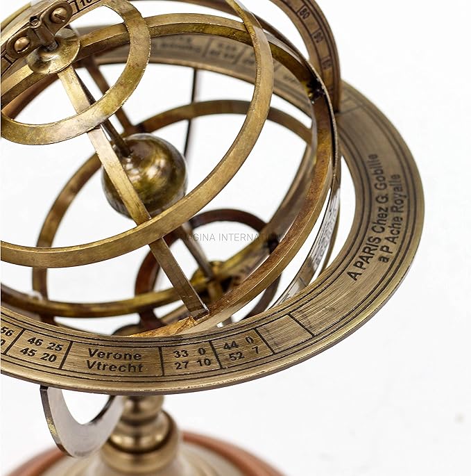 Nagina International Antique Vintage Zodiac Armillary Brass Sphere Globe Wooden Display | Pirate's Antique Ship Decor (Medium, Antique Brass)