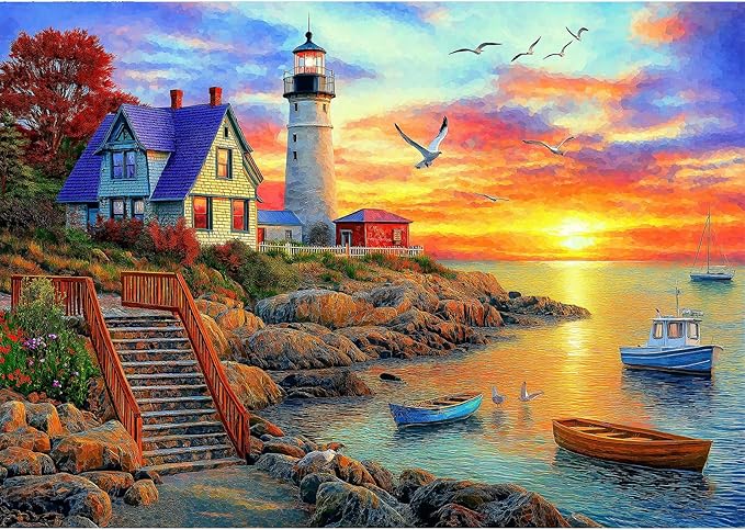 Lighthouse Sunset 500 Piece Puzzles for Adults Colorful Coastal Scene with Boats Jigsaw Puzzles 500 Pieces Seaside Landscape Family Puzzle Challenging Family Puzzle Games Gift for Adults (21"x15")