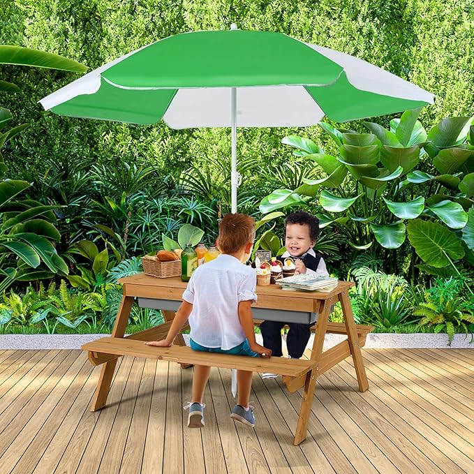 Costzon Kids Picnic Table with Sensory Bins, 4 in 1 Sand and Water Table with Height Adjustable Umbrella, Removable Tabletop for Outdoor Backyard Patio Play