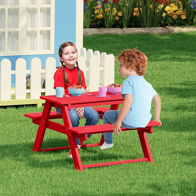 Costaelm Kids Picnic Table, HDPE All Weather Outdoor Toddler Picnic Table and Chair Set Kids Bench for Patio, Backyard, Garden, Lawn, Red