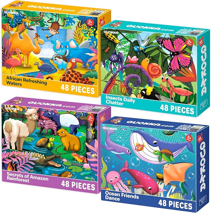 QUOKKA Puzzles for Kids Ages 4-6 – 4 x 48 Pieces Jigsaw Puzzles for Toddlers 3-5 – Toy for Learning Insects, African, Ocean Animals – Educational Game for Boy and Girl 2-4 Year Old - Improved Version