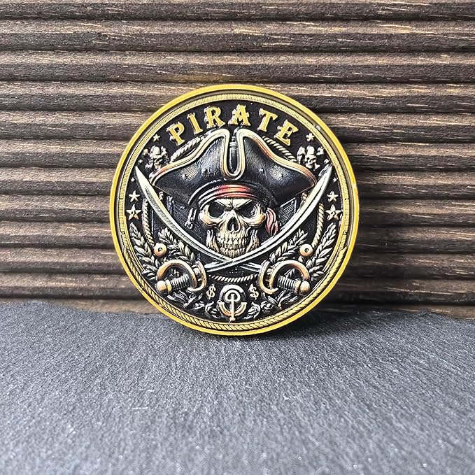 Pirate Challenge Coin – Adventure-Themed Zinc Alloy Coin with Treasure Map Design – 1.57 Inch Collectible Coin with Skull and Cross Swords ﻿ ﻿ ﻿