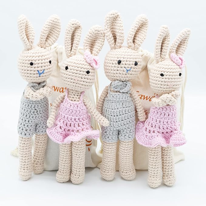 Crochet Stuffed Animal - Adorable Handmade Bunny Daughter Plushie Doll with Pink Dress, Ideal for Infants - Knitted Stuffed Animal Crocheted Stuffed Animals for Newborns