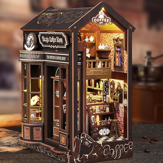ISSEVE Book Nook Kit - DIY Miniature Dollhouse Booknook for Adults Teen, 3D Wooden Puzzle Tiny House Kit Bookshelf Decor, Gifts for Men Women Halloween Christmas Birthday (Coffee Shop)