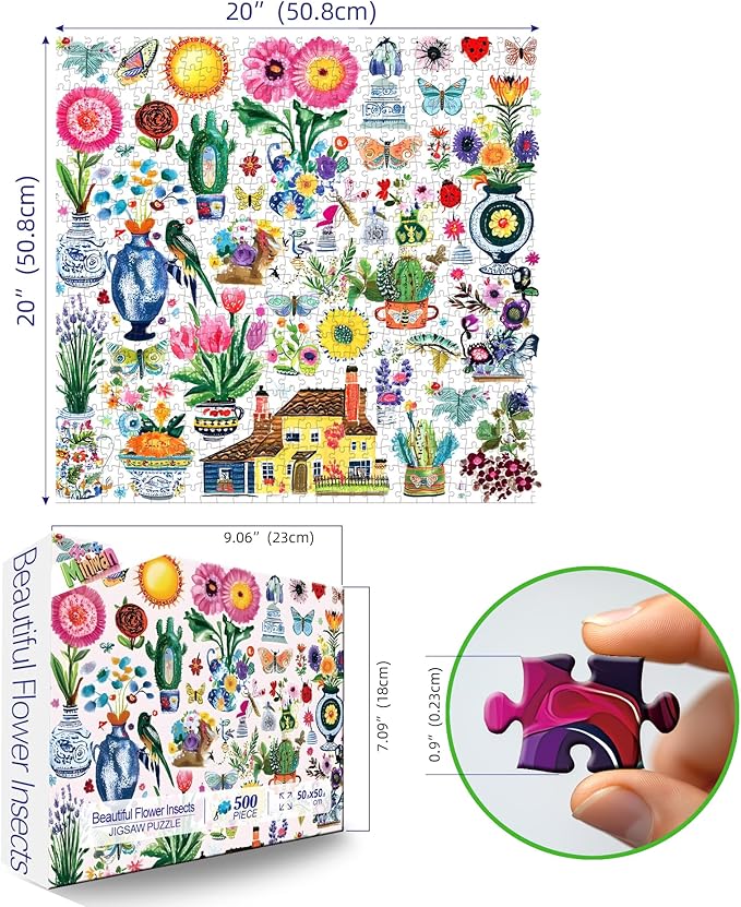 500 Piece Jigsaw Puzzle for Adults Vibrant Garden Scene Cute Butterflies Flowers Birds House Whimsical Doodle Collage Garden Charming Cartoon Art Challenging Yet Relaxing, 20x20 Inch Artwork