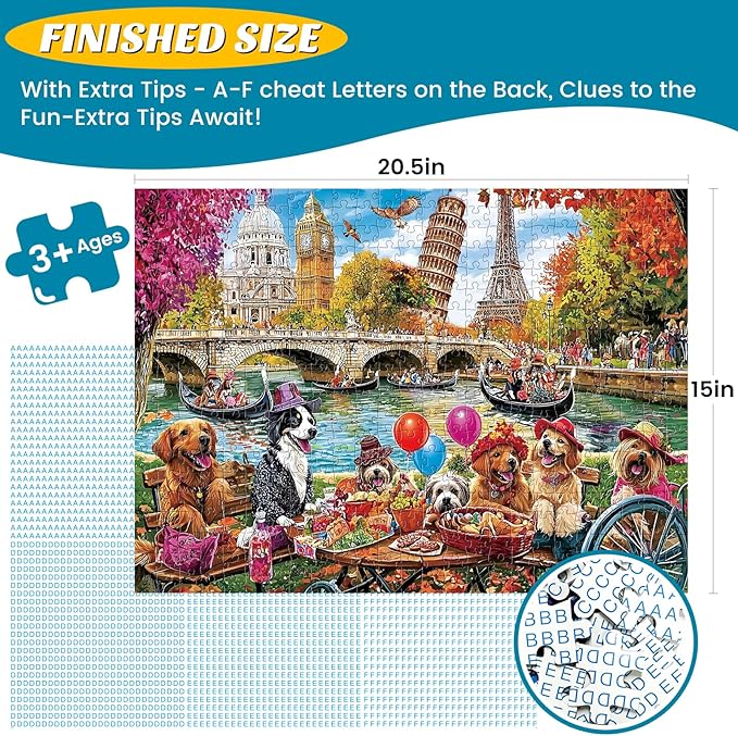 Puzzles for Adults 500 Pieces - Fun Picnic Pups Around The World Puzzle, Dog Gone Days Jigsaw Puzzle, Camping Animal Puzzles for Teens 12-16, Impossible Puzzle Perfect for Game Nights 20.5X 15 in