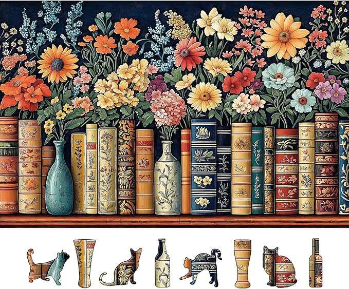 Vintage Books & Flowers 500-Piece Jigsaw Puzzle for Adults - Floral Library Scene Puzzle with Colorful Blooms, Decorative Book Spines - Challenging Yet Relaxing Puzzle, 23"x15"