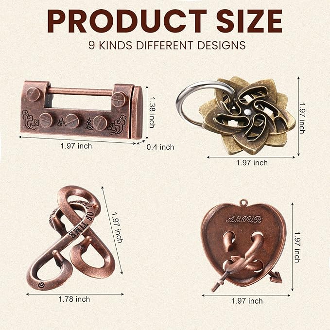 Wettarn 9 Pcs Metal Brain Teaser Puzzles Teaser 3D Steel Puzzle for Adults Unlock Interlocking Games IQ Education Smart Logic Test Toys for Adults Mind Challenge(Fun Style)