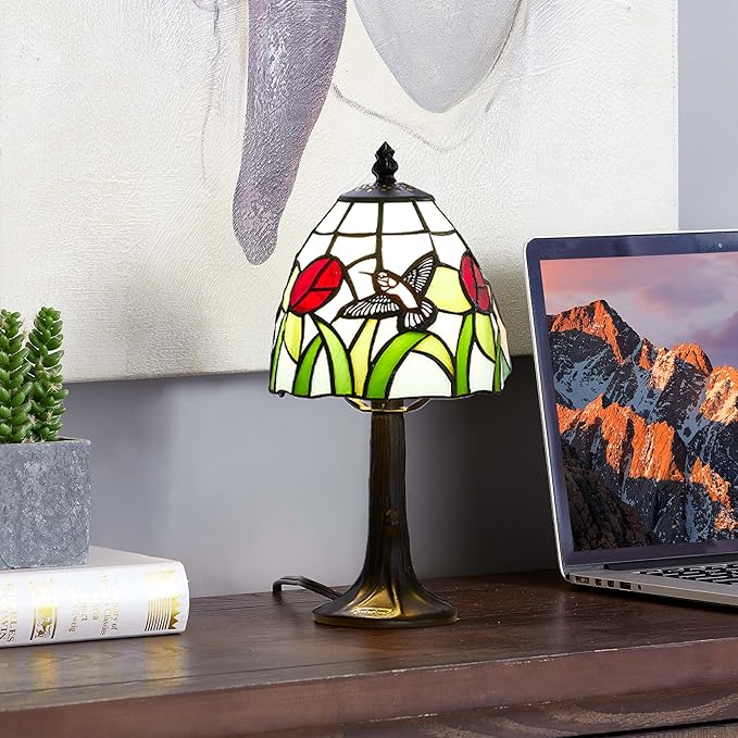 Tiffany Style mini Table Lamp-Stained Glass Hummingbird with Tulip Design Table or Desk Light LED Bulb Included-Vintage Look Colorful Accent Decor