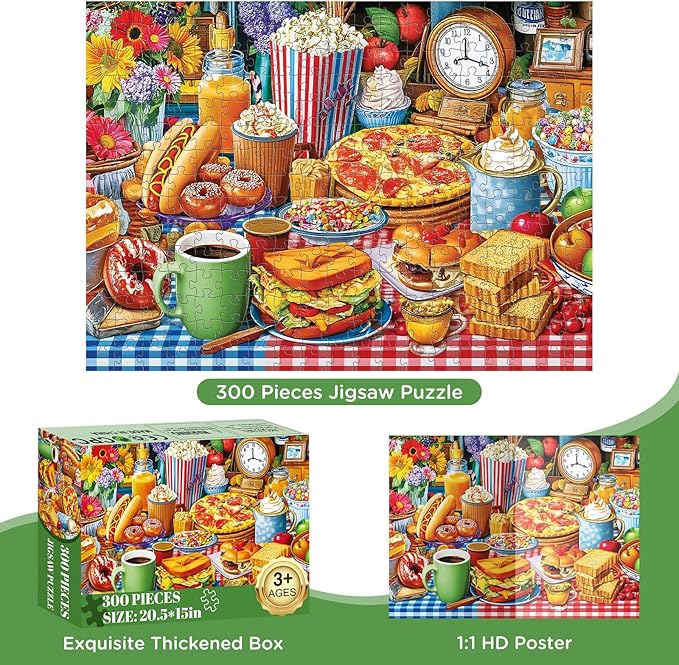 300 Pieces Puzzles for Adults,Food Feast Puzzle for Adult,Pizza Hot Dogs Sandwiches Popcorn Coffee Puzzles for Kids Ages 8-10,Donuts Jigsaw Puzzle for Seniors Large Piece, 20.5 x 15 in