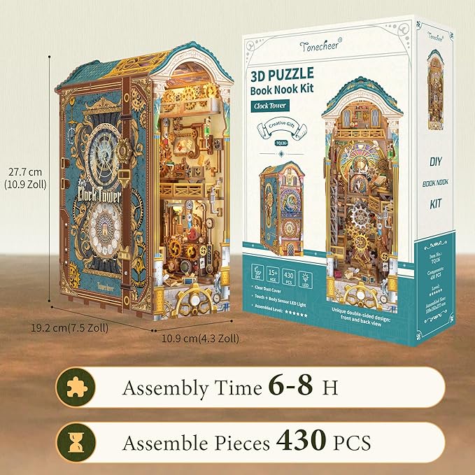 Tonecheer DIY Book Nook Kit for Adults, 3D Wooden Puzzle Bookend Miniature House Kit, Booknook Bookshelf Insert Decor with Dust Cover and LED Lights Gifts (Clock Tower)