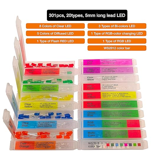 EEEEE (10 Types) 180 pcs Long Lead 5mm LED kit and LED diode Lights Emitting Diode LED Assortment Kit for Tiny Small led and Single led Light led 5mm led Lights led diode Lights diode led