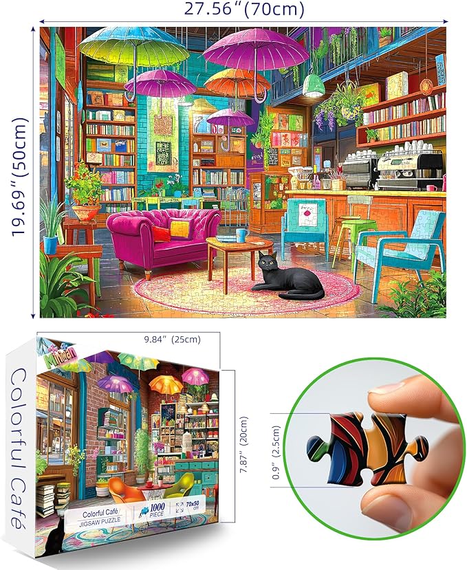 1000 Piece Jigsaw Puzzle for Adults Colorful Cozy Book Cafe Library Scene with Black Cat Puzzles with Letters on Back Fun for Seniors & Game Night Adult Games (27.5" x 19.7")