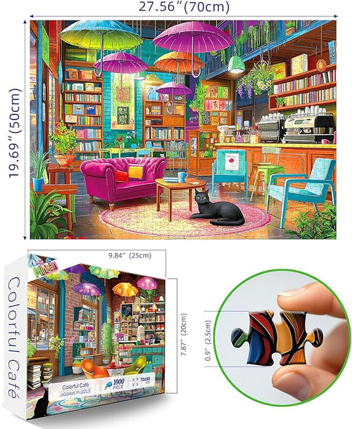1000 Piece Jigsaw Puzzle for Adults Colorful Cozy Book Cafe Library Scene with Black Cat Puzzles with Letters on Back Fun for Seniors & Game Night Adult Games (27.5" x 19.7")