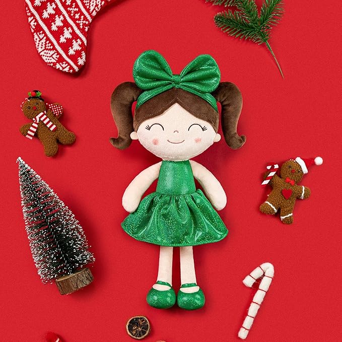 Gloveleya Christmas Baby Doll – Soft Plush Girl Toy in Green Dress, Doll for Kids, Xmas Décor & Keepsake, 12 Inches