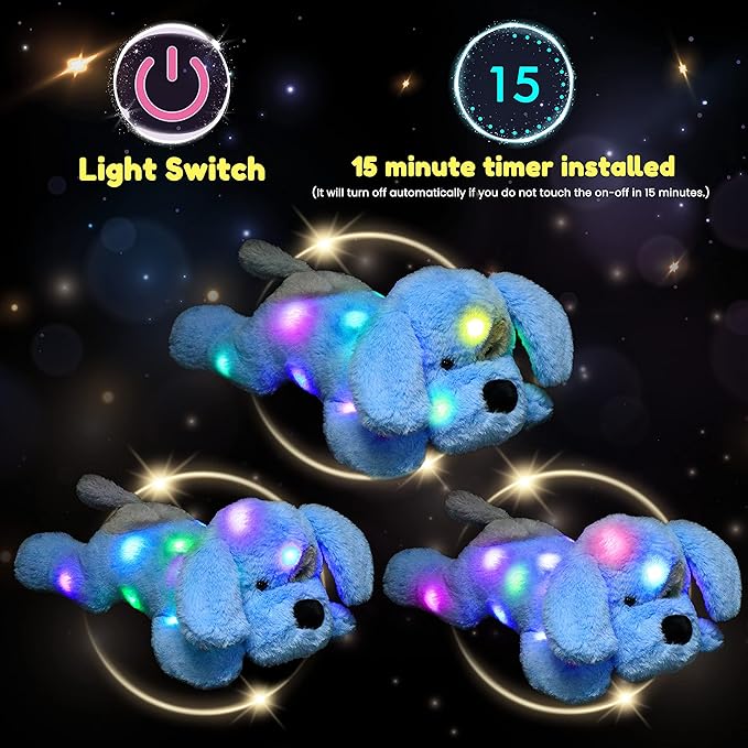 Hopearl Lighting Up Plush Puppy Adorable LED Stuffed Animal Dog Floppy Pup Night Lights Glow in The Dark Birthday Festival for Kids Toddler Girls, Blue, 17''