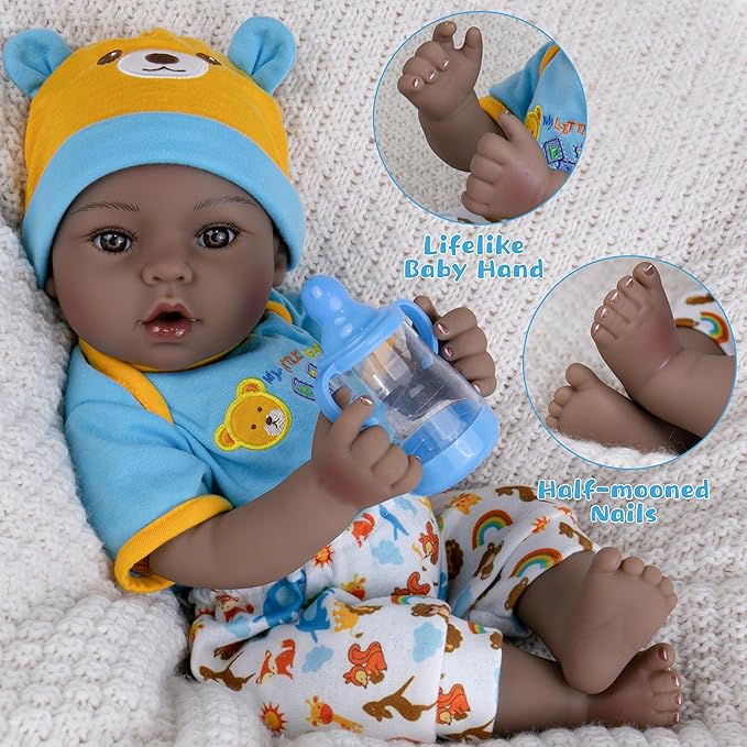 Lifelike Reborn Baby Doll, 18-Inch Realistic African American Baby Dolls Weighted Newborn Boy Doll Soft Cloth Body Real Life Dolls Gift for Kids 3+, Complete with Clothes and Toy Accessories