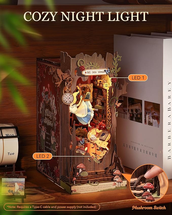 Rolife DIY Book Nook Kits Fall into Wonder, Fairy Tale Bookend Wooden 3D Puzzles for Bookshelf Decor, DIY Miniature House Building Kit for Adults, DIY Crafts/Surprised Gifts for Teens & Book Lovers