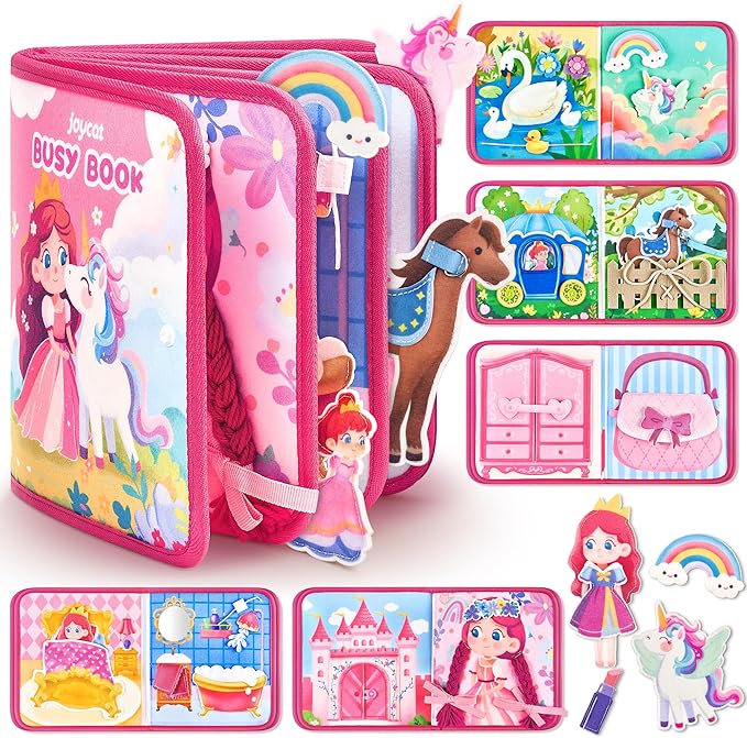 JoyCat Travel Toys for Toddlers 1-3, Princess Busy Book – Busy Book for 1 Year Old, Dress-Up, Unicorn & Castle Play –Quiet Toy Fine Motor Skills, Birthday Gift Girls