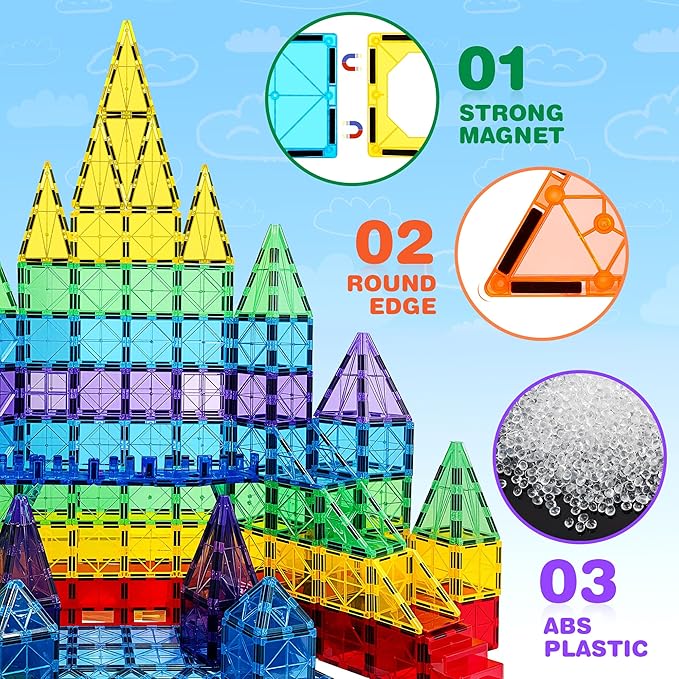 Magnetic Tiles, 135PCS Magnetic Building Blocks with 2 Cars, Large Magnet Building Set,STEM Sensory Educational Toys Gift for Toddlers Kids Boys Girls.