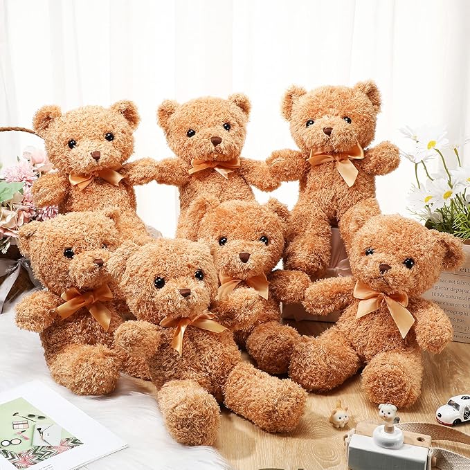 HyDren 18 Pcs Bear Stuffed Animals Bulk 12 Inch Soft Plush Bears Doll with Bows Small Stuffed Toy for Girl Boy Baby Shower Christmas Valentine Birthday Decor Gift Party Favors (Light Brown)