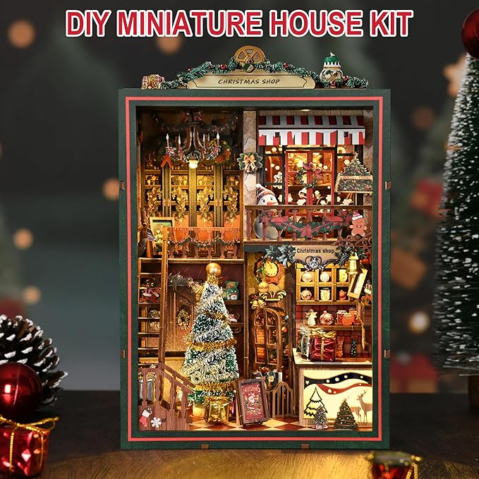 ISSEVE Book Nook Kit - DIY Miniature House Kit for Adults Teens Beginners, Christmas Dollhouse Booknook with Music Mechanism Tiny House Bookshelf Decoration 3D Wooden Puzzles (Christmas Shop)
