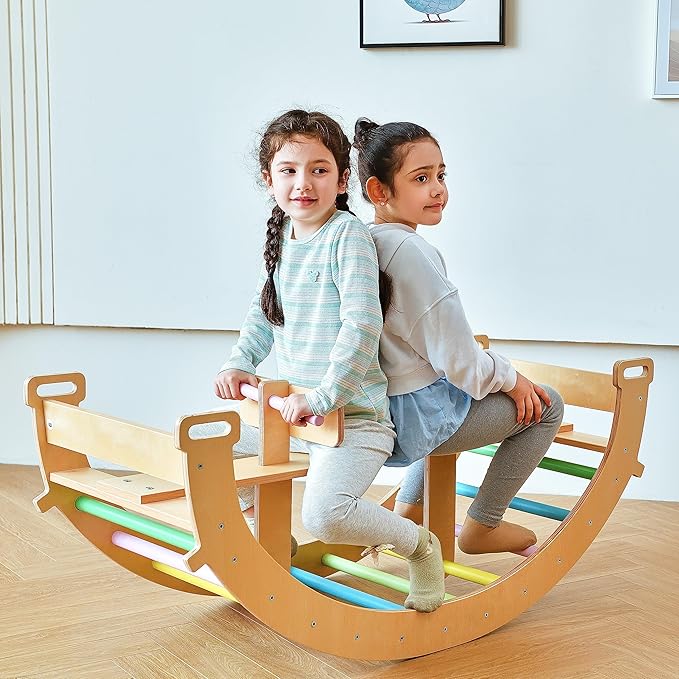 Avenlur Bailis Ultimate 3-in-1 Playset for Kids - Seesaw, Climbing Arch and Rocker - Waldorf and Montessori Climbing Toy for Children 2-6 Years - Toddler Climbing Toys (Colored)