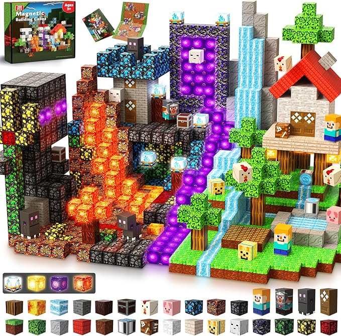 200 PCS Magnetic Blocks with Light Up Blocks - Magnetic Building Blocks, Magnetic Construction Cube Toys, STEM Sensory Learning Toys, Christmas Birthday Gifts for Toddlers Boys and Girls Age 3+