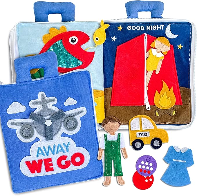 Curious Columbus Quiet Book – Away We Go Busy Book for Toddlers, Montessori Airplane Travel Toy for Preschool and Early Learning