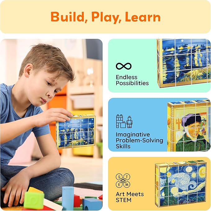 PicassoTiles 20pcs 1” Magnetic Puzzle Building Cubes Blocks for Kids, Van Gogh, Mona Lisa Hand Puzzle, STEM Magnet Toy Mix&Match Educational Popular Art Kids Toys 3+ Year Old boy Girl PMC20