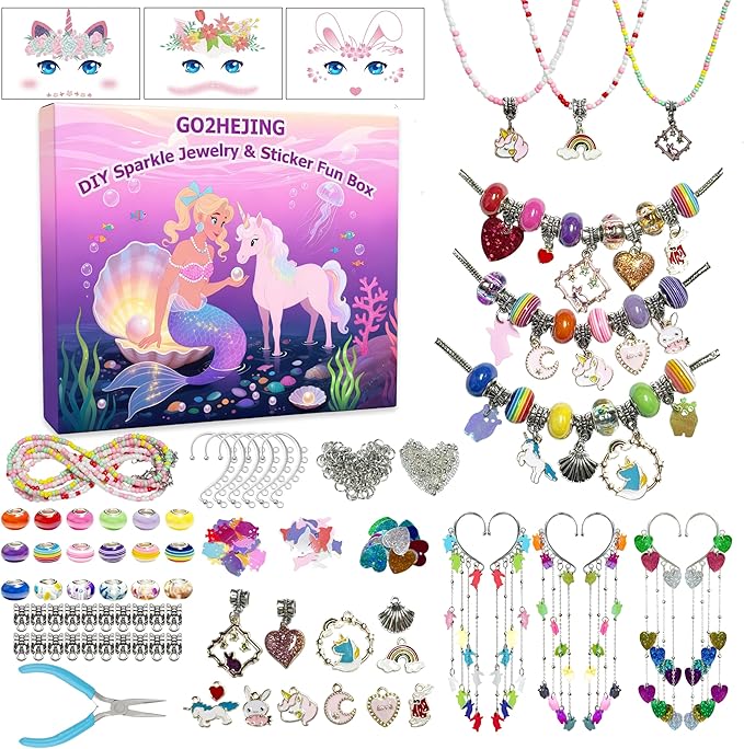 GO2HEJING Charm Bracelet Making Kit for Girls, Jewelry Making Kit for Girls 8-12, Ear Cuff/Necklace Craft Kit, Cute Face Temporary Tattoos for Kids, Unicorn Toys for Teenage Birthday Gift (Forest)